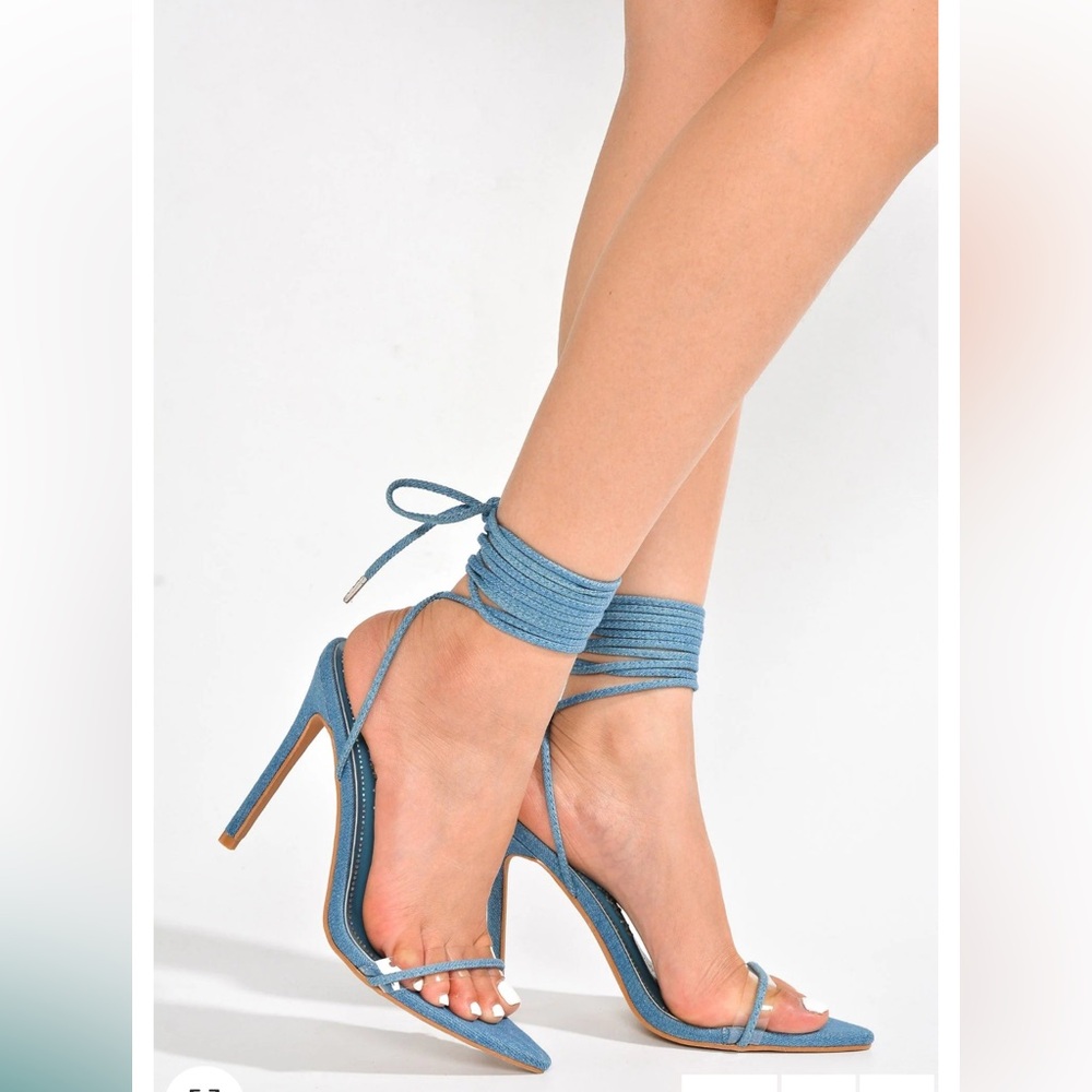 Cape Robbin Anjela Lace Up Vibrant Blue Aqua Heeled Lace Up Open Toe Sandals